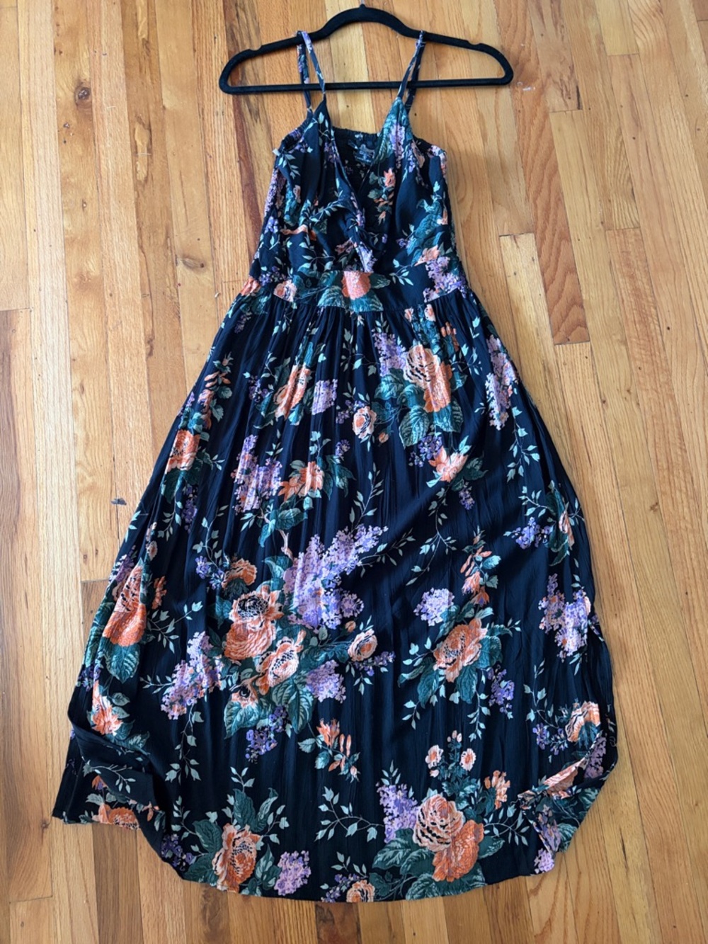 Angie Black Floral Midi Dress with Orange and Purple Blooms